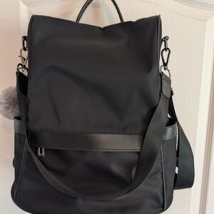 Black Women's Travel Or Shopping Back Pack with Gray Pom Pom & Passport Wallet